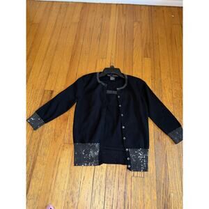 Yansi Fugel Womens Black Silk Sweater Twin Set XS Sequin Trim Cardigan Shell